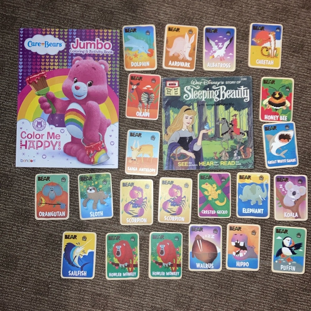 Kids Animal Trading Cards, Care Bears Coloring Activity Book & Sleeping Beauty